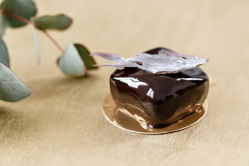 Delicious chocolates cakes. Glossy glaze and chocolate decor. small square. dessert pie for sale at the shop.