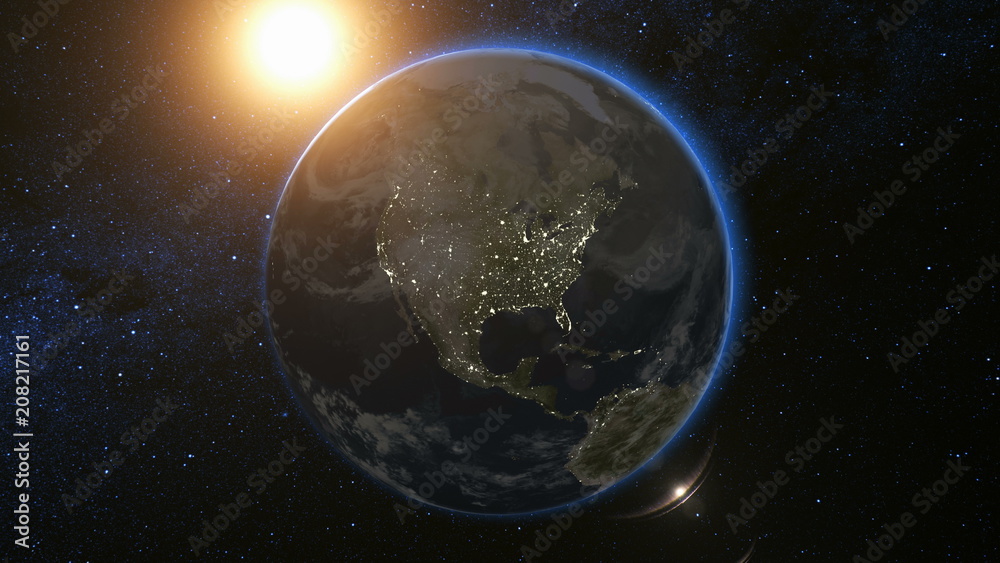 Wall mural space view on planet earth and sun star rotating on its axis in black universe. seamless loop with d