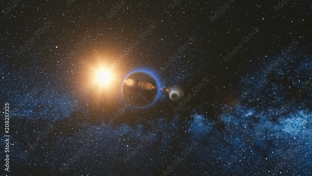 Canvas Prints sunrise view from space on planet earth and moon rotating in space. blue sky milky way with thousand