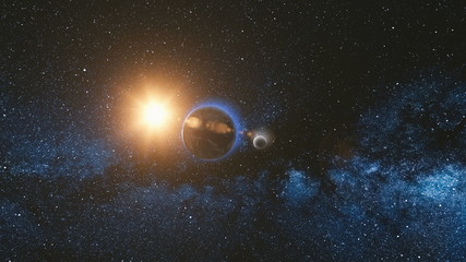 Obraz premium Sunrise view from space on Planet Earth and Moon rotating in space. Blue sky Milky Way with thousand stars in the background. Astronomy and science concept. Elements of image furnished by NASA