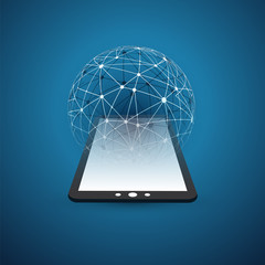 Digital Network Connections, Mobile Technology Background - Cloud Computing Design Concept with Transparent Geometric Wireframe 