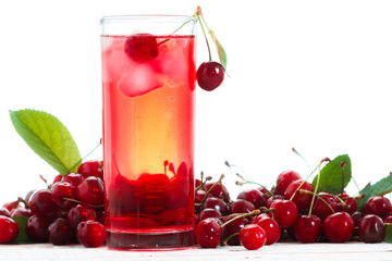 Cold alcoholic cherry cocktail on the white