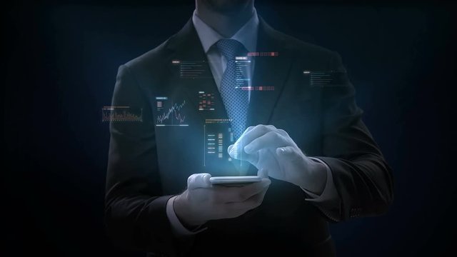 Businessman multi slide touch smart phone, mobile, graphic user interface, Futuristic digital display, grow artificial intelligence. 4k movie.