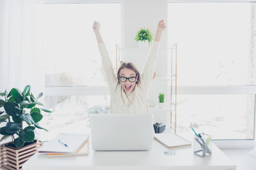 Portrait of positive glad woman holding hands up yelling looking at screen of laptop celebrating...