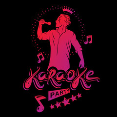 Karaoke party flyers vector cover design created using musical notes, stars and soloist singing to microphone. Emcee show advertising poster