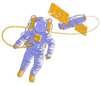 Spaceman flying in open space connected to space station, astronaut man or woman in spacesuit floating in weightlessness and iss spacecraft behind him. Vector illustration isolated over white.