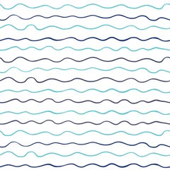 Behang Golven Abstracte naadloze geometrische patroon met eenvoudige blauwe golven op witte achtergrond in plat minimalistische en moderne stijl voor zomer kleding, mode en briefpapier ontwerpen - nautische thema textuur