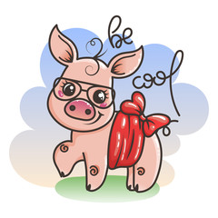 Cute cartoon baby pig in a cool sunglasses