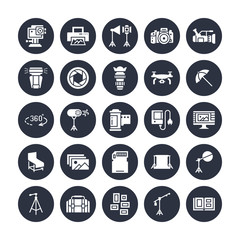 Photography equipment flat glyph icons. Digital camera, lighting, video cameras, accessories, memory card. Vector illustration, signs for photo studio. Solid silhouette pixel perfect 64x64 in circles.