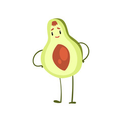 Funny avocado standing with hands on waist, emotional fruit cartoon character vector Illustration on a white background