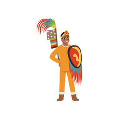 Aztec warrior man character in traditional clothes with spear and shield vector Illustration on a white background