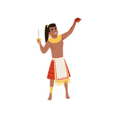 Aztec warrior man character in traditional clothes with dagger vector Illustration on a white background