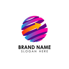 World finance business logo template. Digital 3D globe with arrow shape vector icon