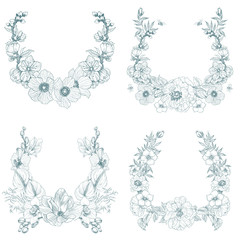 Set of vintage frame border monogram floral ornament. Engraved retro flower decorative design. Beautiful botanical decorative element for wedding invitation, logo. Vector design