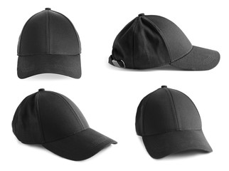 Set of black caps on white background. Mockup for design