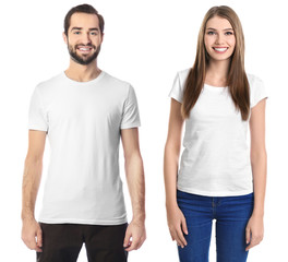 Man and woman in stylish t-shirts on white background, front view. Mockup for design