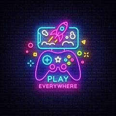 Gamepad and Smartphone neon sign vector. Games for Smartphone Logotype, Emblem in Modern Trend Design, Vector Template, Light Banner, Night Vivid Video Game Promotion, Design Element. Vector