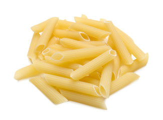 Heap of raw pasta on white background