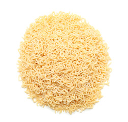 Heap of raw alphabet pasta on white background