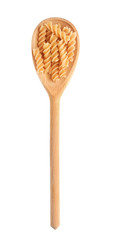 Wooden spoon with raw pasta on white background