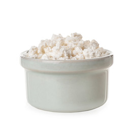 Bowl with tasty cottage cheese on white background