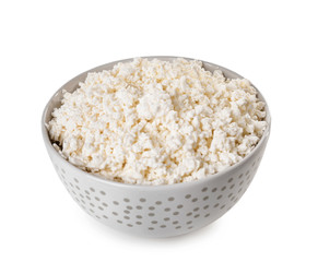 Bowl with tasty cottage cheese on white background