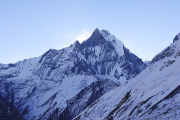 The Fishtail in the Annapurna mountains in Nepal. Seen from the Annapurna Base Camp. 