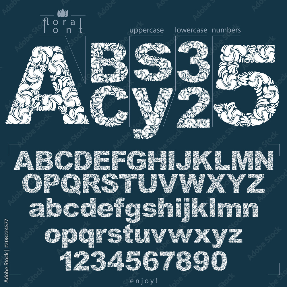 Poster set of vector ornate letters and numbers, flower-patterned typescript. black and white characters cr