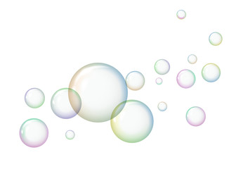 Soap bubbles with reflections on a white background. Vector illustration. Flying balls.