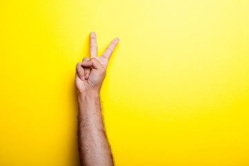Male hands showing victory sign over yellow background in studio photo