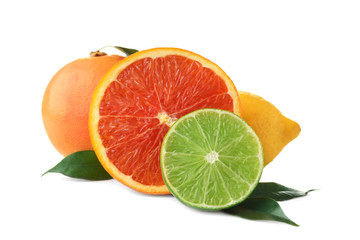Ripe citrus fruits on white background