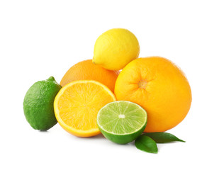 Ripe citrus fruits on white background