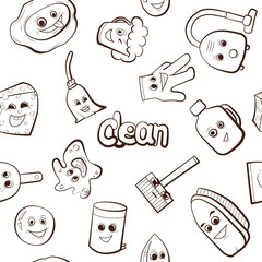 Cartoon items for cleaning. Maid job vector illustration. Seamless pattern background.