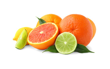 Ripe citrus fruits on white background