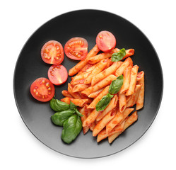 Plate of tasty pasta with tomato sauce on white background, top view