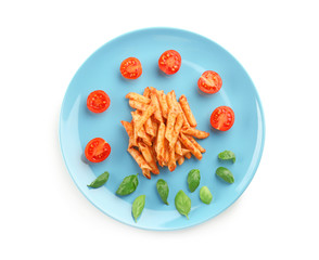 Plate of tasty pasta with tomato sauce on white background