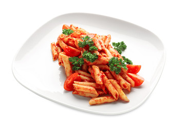 Plate of tasty pasta with tomato sauce on white background