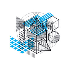 Lines and shapes abstract vector isometric 3d background. Layout of cubes, hexagons, squares, rectangles and different abstract elements.