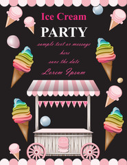 Ice cream party invitation card Vector. Summer ice cream booth. Birthday card or event posters