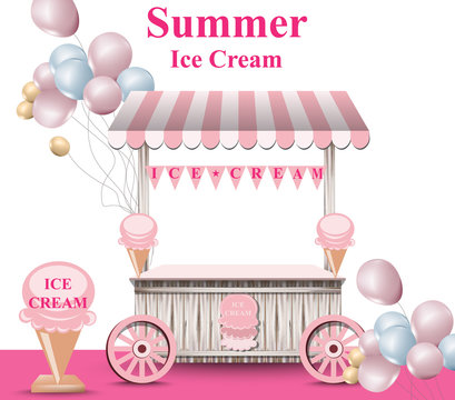 Ice cream stand with balloons Vector. Summer background. Birthday card or event posters