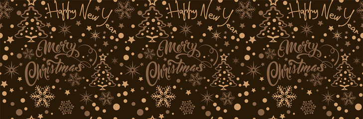 Fototapeta na wymiar Christmas and New Year Seamless Pattern. Holiday Background Dark Black Colors. Horizontal, Drawing: abstract, Christmas tree, text, snowflakes, stars, dots