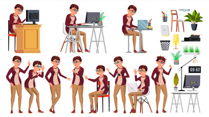 Office Worker Vector. Woman. Successful Officer, Clerk, Servant. Business Woman Worker. Face Emotions, Various Gestures. Isolated Flat Illustration