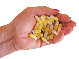 Hands and pills isolated on white with clipping path