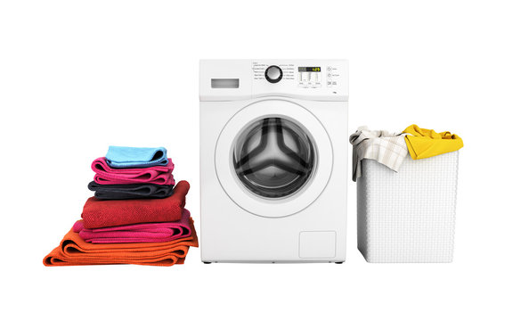 Concept of washing clothes Washing machine with colored towels and washing basket with dirty clothes isolated on white background 3d render without shadow