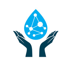 Caring hands hold a model of molecule placed in a water drop. Biomedical engineering conceptual emblem for use in physics and as chemical research or medical logo.