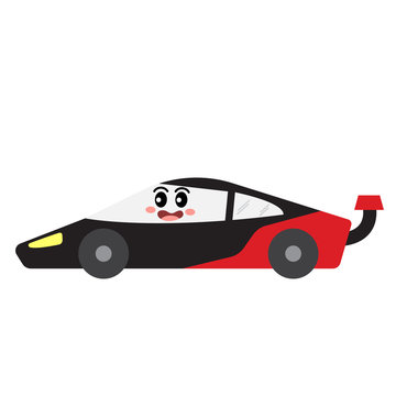 Racecar transportation cartoon character side view isolated on white background vector illustration.