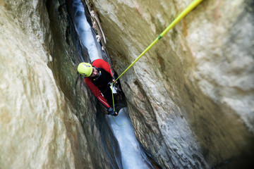 Canyoning in Gorgonchon Canyon, Spain.