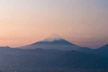 Top of Mt. Fuji with sunrise sky in spring season