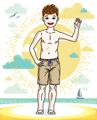 Cute happy young teen boy posing in colorful stylish beach shorts. Vector beautiful human illustration. Childhood lifestyle cartoon.