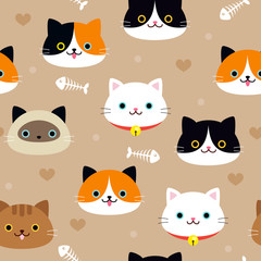 Cat Seamless Pattern Vector illustration. Variety of cats breeds and fishbones on brown background.